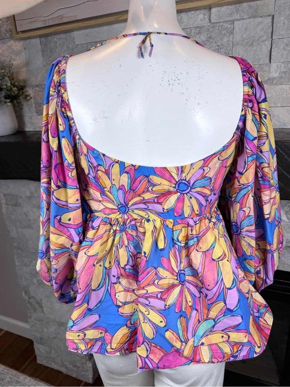 FARM Rio x Anthropologie Floral Puff Sleeve Beaded Tassel Blouse M